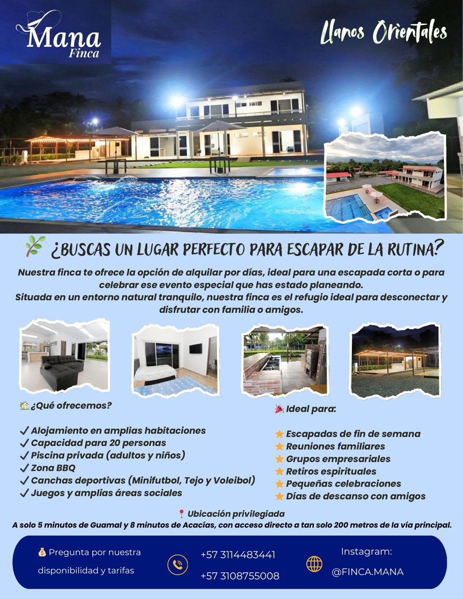 Portada del brochure oficial de Finca Mana, finca con piscina en Guamal, Meta