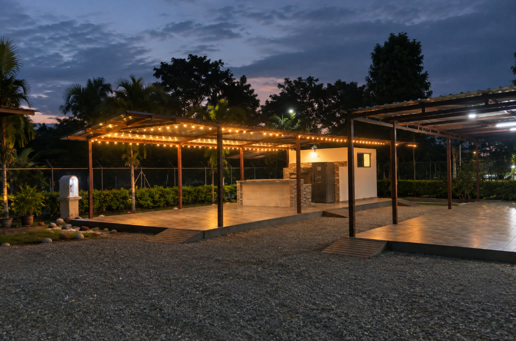 Kioscos cubiertos de Finca Mana con luces cálidas al atardecer y zona BBQ